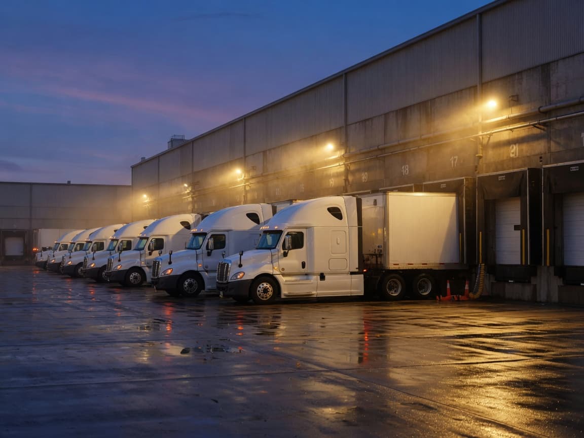 Semi trucks at warehouse loading docks at dusk